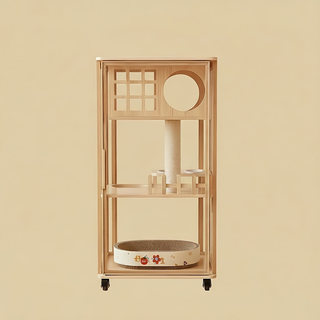 Elland Luxury Movable Cat Villa (60L*60W*120H) featuring a durable aluminium alloy frame and waterproof, anti-corrosion solid wood interior.