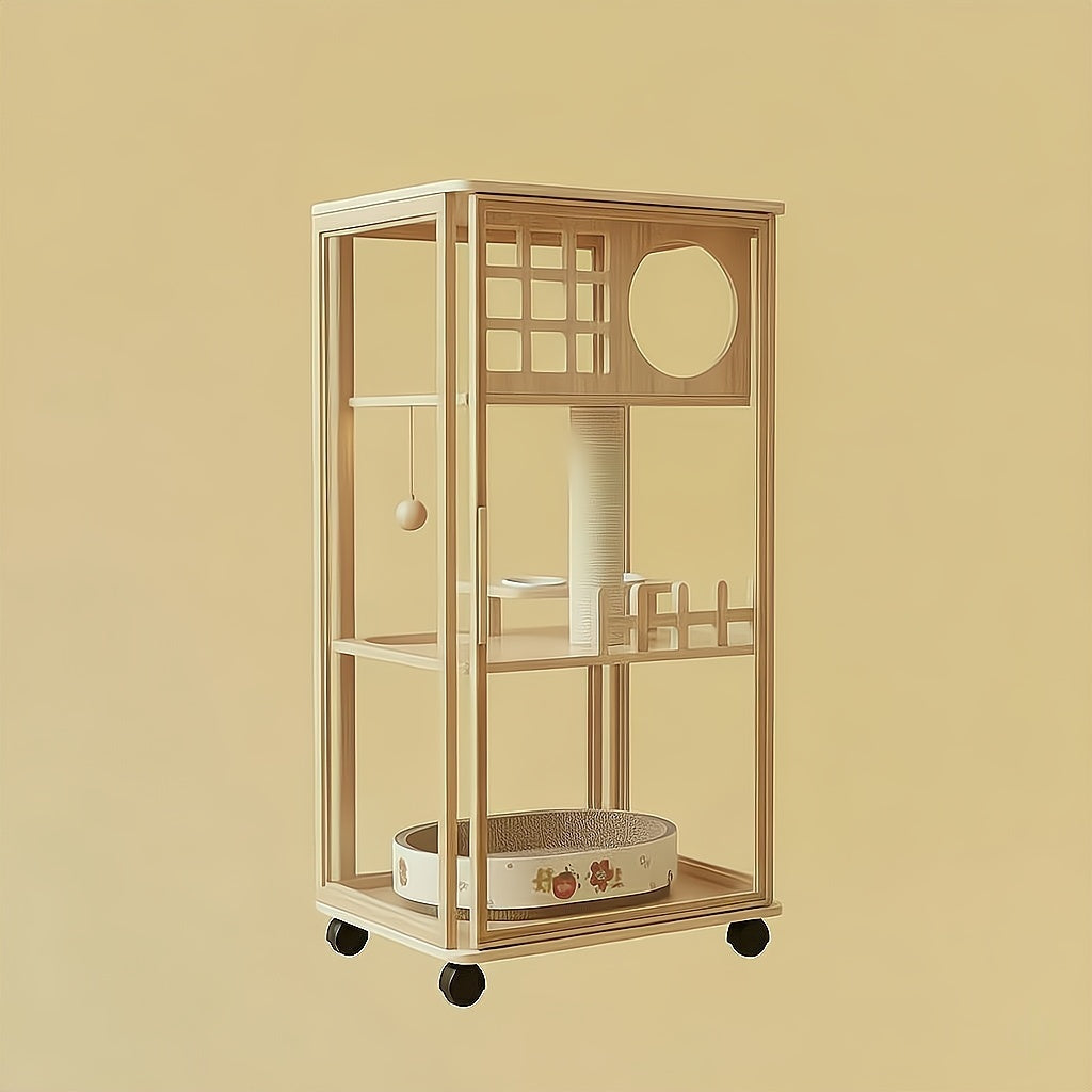 Elland Luxury Movable Cat Villa (60L*60W*120H) featuring a durable aluminium alloy frame and waterproof, anti-corrosion solid wood interior.