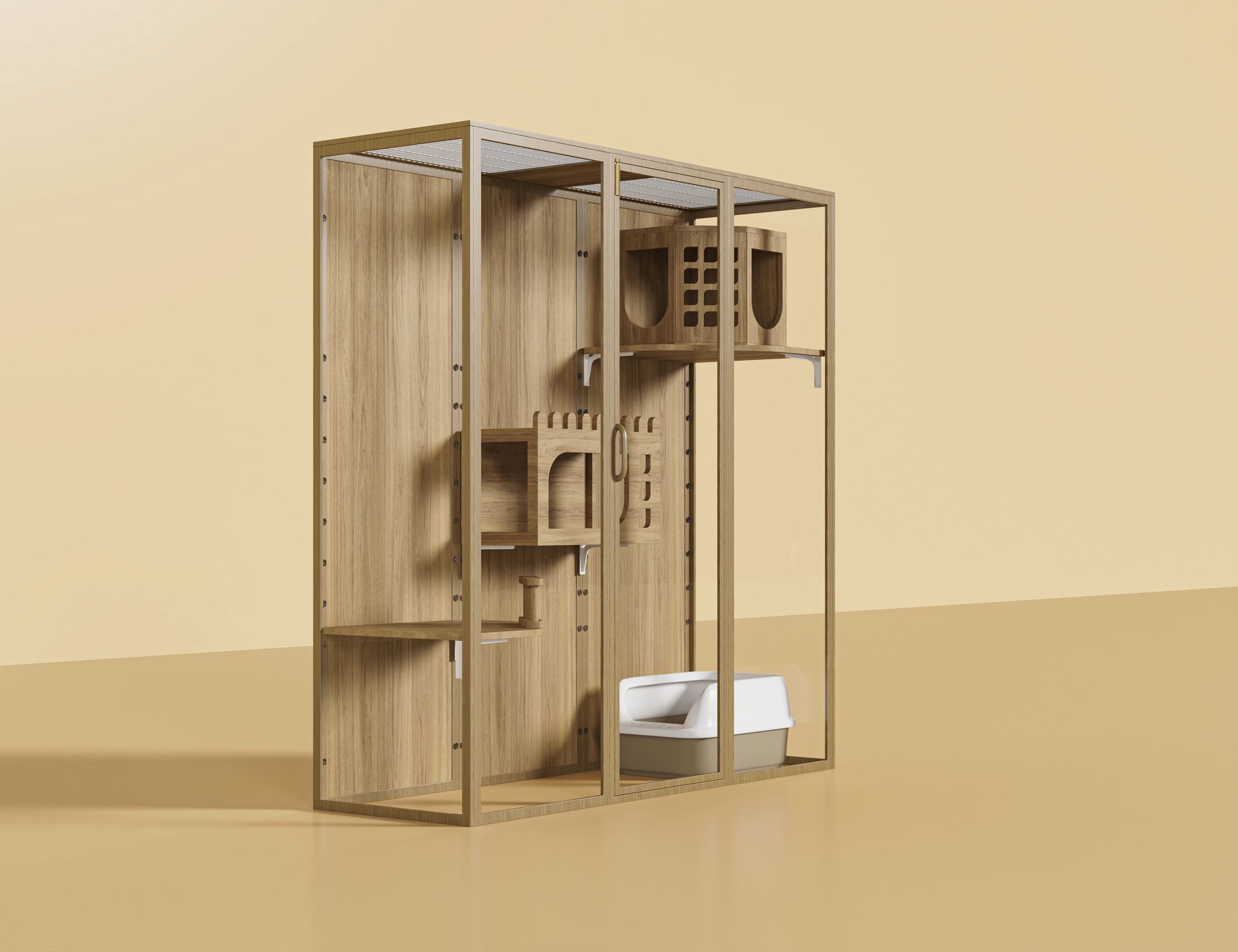 Elwood Luxury Cat Enclosure (184L*60W*186H) featuring a durable aluminium alloy frame and waterproof, anti-corrosion solid wood interior.