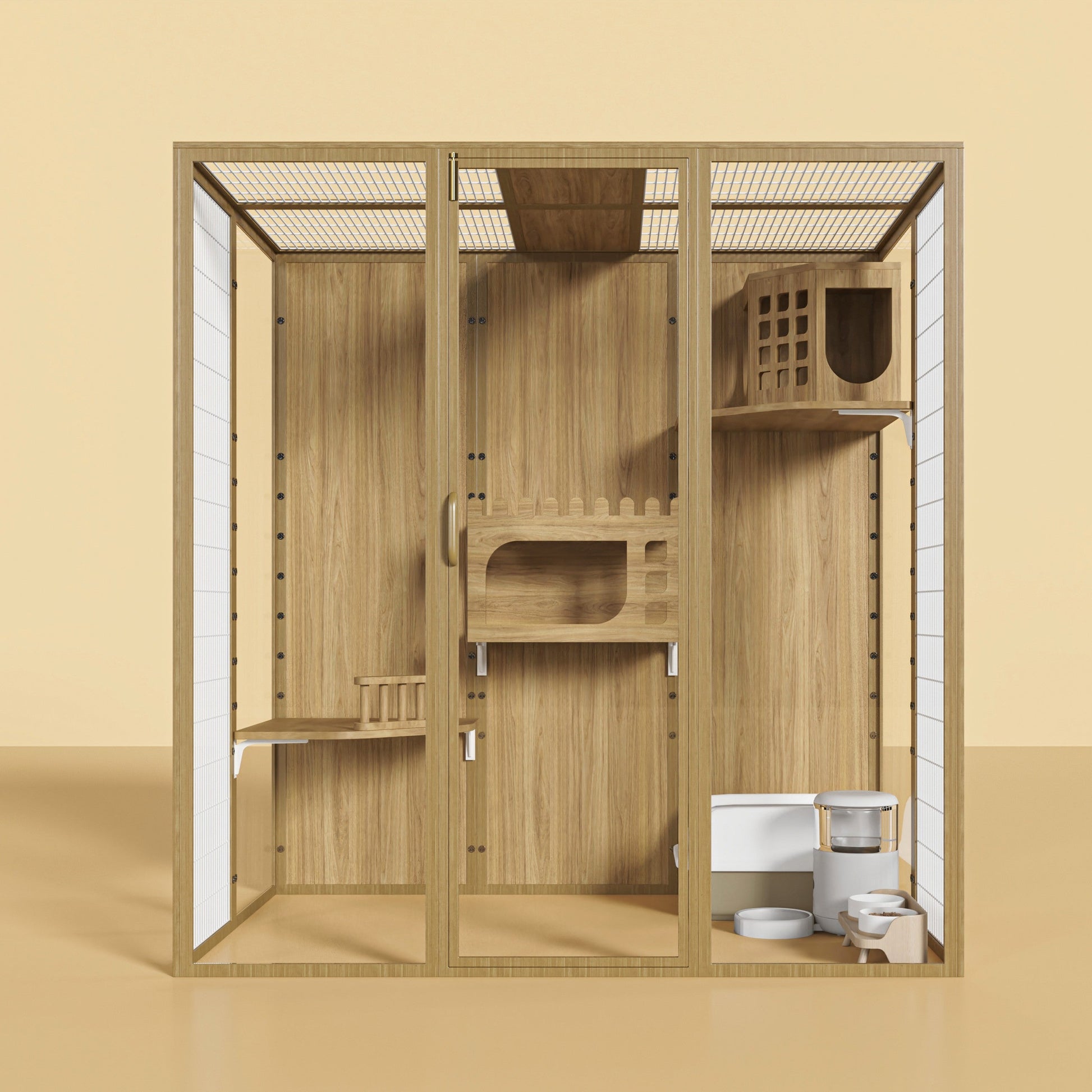 Modern luxury cat enclosure (184L × 120W × 186H) featuring a durable aluminium alloy frame and waterproof, anti-corrosion solid wood interior.