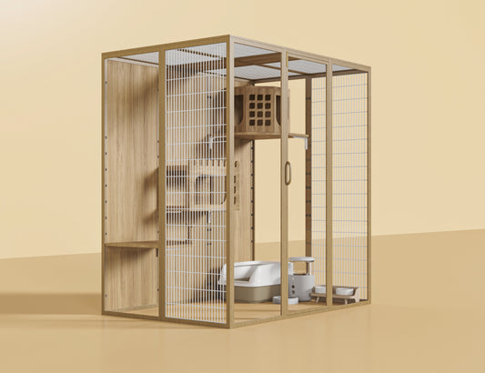 Modern luxury cat enclosure (184L × 120W × 186H) featuring a durable aluminium alloy frame and waterproof, anti-corrosion solid wood interior.