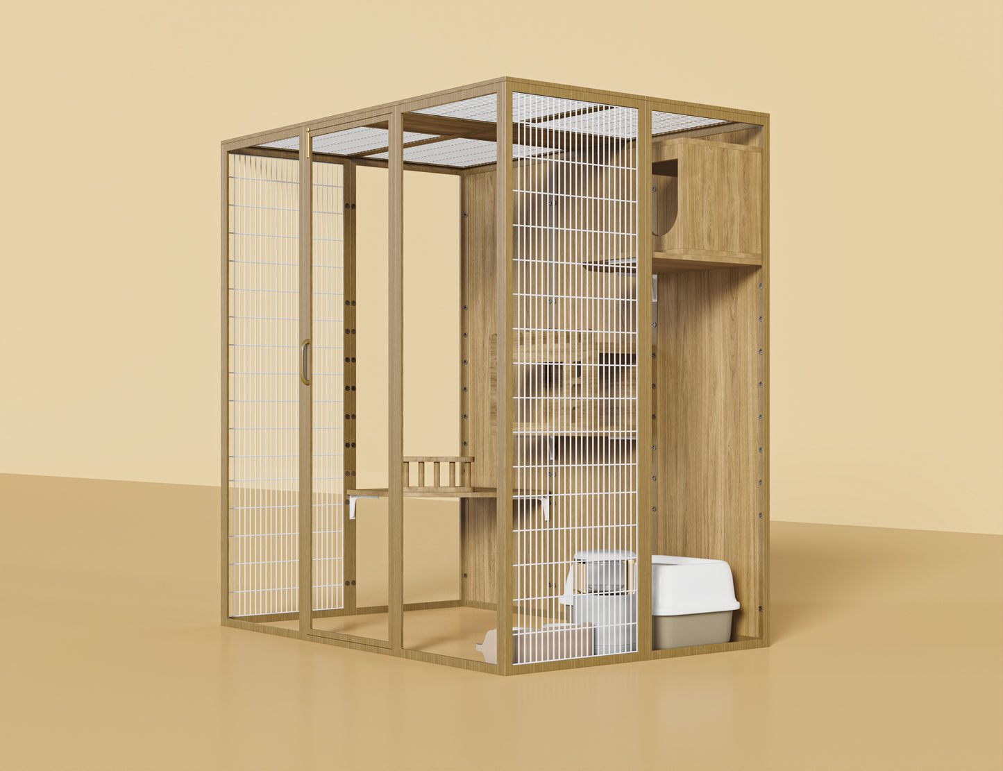 Modern luxury cat enclosure (184L × 120W × 186H) featuring a durable aluminium alloy frame and waterproof, anti-corrosion solid wood interior.